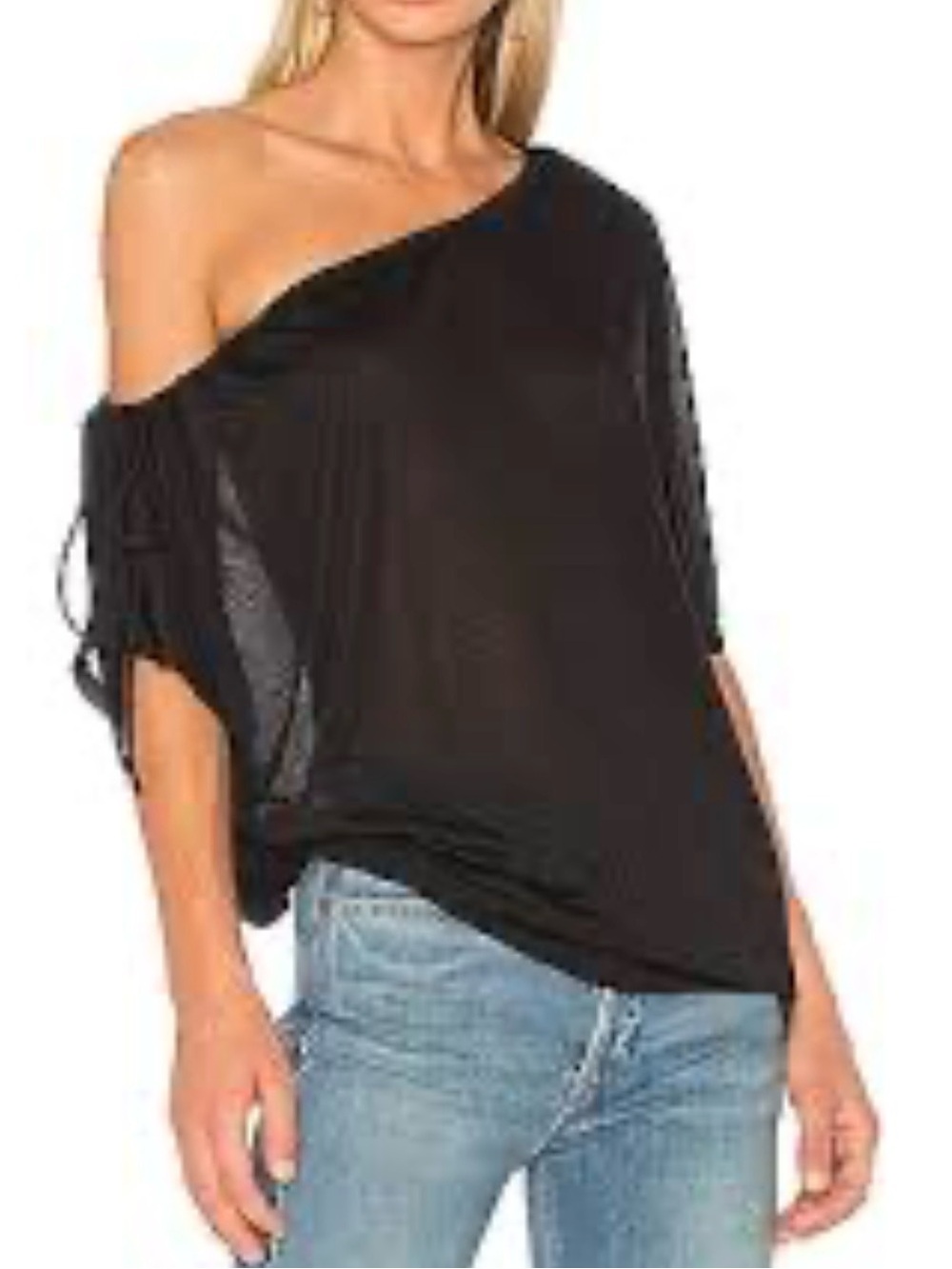 H:ours Arwen Top Women's black one-shoulder draped blouse Lightweight Semi-Sheer